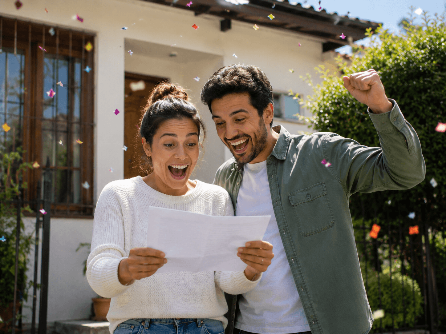 Pareja celebrando con entusiasmo la aprobación de su subsidio habitacional
